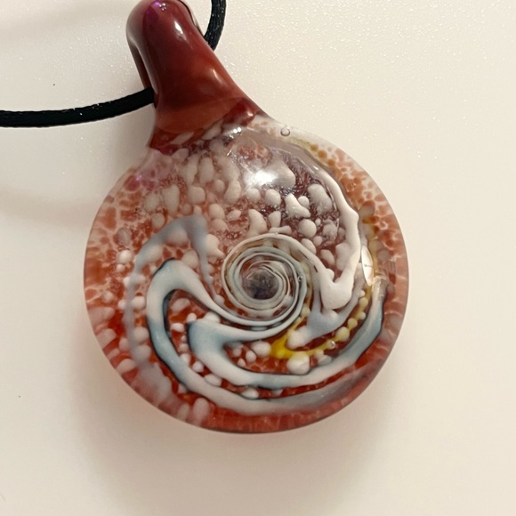 Handblown Artisan Brown Blue White Yellow Glitter Art Lampwork Glass Necklace - Picture 8 of 16
